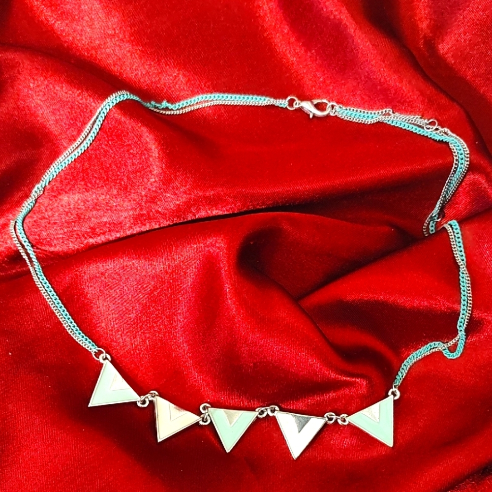 Final $ Geometric Triangle Silver Tone & Turquoise Green Choker Necklace